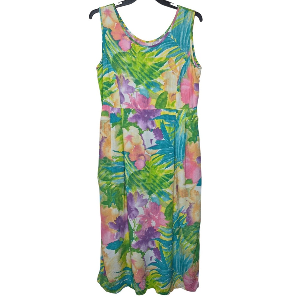 Vintage 90s Jams World Orchid Floral Midi Tank Dress Womens Large Pockets 21x49